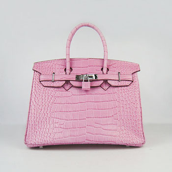Hermes Birkin 30Cm Crocodile Stripe Handbags Pink Silver